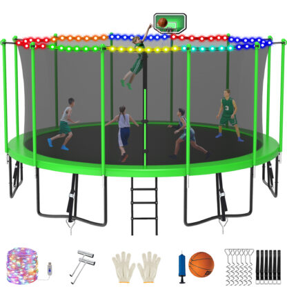 Jump Into Fun Trampoline 16FT 15FT 14FT 12FT 10FT 8FT for Adults/ 10 Kids, 1500LBS Trampolines with Enclosure, LED Light, Basketball Hoop, Outdoor Anti-Rust Coating Recreational Trampoline for Gift