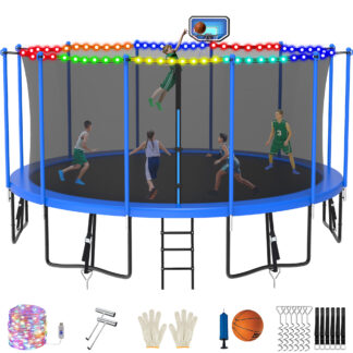 Jump Into Fun 16FT Trampoline for Adults/ 10 Kids, 1500LBS Trampolines with Enclosure, LED Light, Basketball Hoop, Wind Stakes, Heavy Duty Outdoor Anti-Rust Coating Recreational Trampoline for Gift