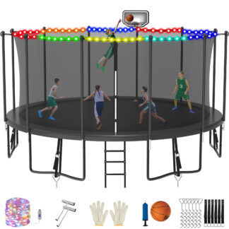Jump Into Fun 16FT Trampoline for Adults/ 10 Kids, 1500LBS Trampolines with Enclosure, LED Light, Basketball Hoop, Wind Stakes, Heavy Duty Outdoor Anti-Rust Coating Recreational Trampoline for Gift
