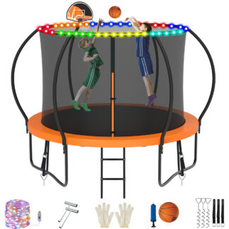 Jump Into Fun Trampoline, 8FT 800LBS Trampoline for 3-4 Kids, Pumpkin Trampolines with Enclosure, LED Light, Basketball Hoop, Outdoor Galvanized Anti-Rust Coating Recreational Trampoline for Gifts