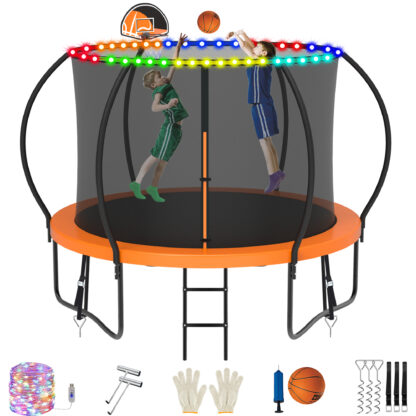 Jump Into Fun Trampoline, 8FT 800LBS Trampoline for 3-4 Kids, Pumpkin Trampolines with Enclosure, LED Light, Basketball Hoop, Outdoor Galvanized Anti-Rust Coating Recreational Trampoline for Gifts