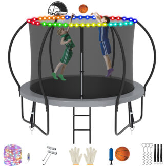 Jump Into Fun Trampoline, 8FT 800LBS Trampoline for 3-4 Kids, Pumpkin Trampolines with Enclosure, LED Light, Basketball Hoop, Outdoor Galvanized Anti-Rust Coating Recreational Trampoline for Gifts
