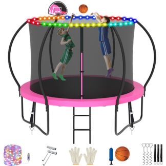 Jump Into Fun Trampoline, 8FT 800LBS Trampoline for 3-4 Kids, Pumpkin Trampolines with Enclosure, LED Light, Basketball Hoop, Outdoor Galvanized Anti-Rust Coating Recreational Trampoline for Gifts
