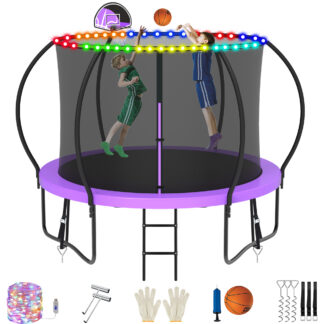 Jump Into Fun Trampoline, 8FT 800LBS Trampoline for 3-4 Kids, Pumpkin Trampolines with Enclosure, LED Light, Basketball Hoop, Outdoor Galvanized Anti-Rust Coating Recreational Trampoline for Gifts