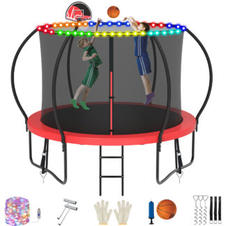 Jump Into Fun Trampoline, 8FT 800LBS Trampoline for 3-4 Kids, Pumpkin Trampolines with Enclosure, LED Light, Basketball Hoop, Outdoor Galvanized Anti-Rust Coating Recreational Trampoline for Gifts