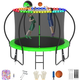 Jump Into Fun Trampoline, 8FT 800LBS Trampoline for 3-4 Kids, Pumpkin Trampolines with Enclosure, LED Light, Basketball Hoop, Outdoor Galvanized Anti-Rust Coating Recreational Trampoline for Gifts