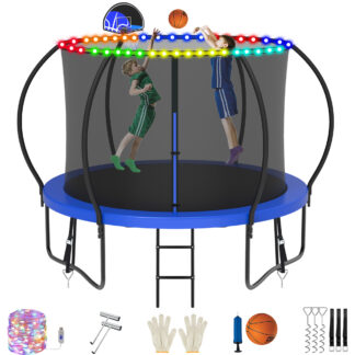 Jump Into Fun Trampoline, 8FT 800LBS Trampoline for 3-4 Kids, Pumpkin Trampolines with Enclosure, LED Light, Basketball Hoop, Outdoor Galvanized Anti-Rust Coating Recreational Trampoline for Gifts