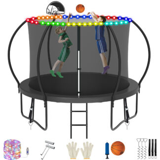 Jump Into Fun Trampoline, 8FT 800LBS Trampoline for 3-4 Kids, Pumpkin Trampolines with Enclosure, LED Light, Basketball Hoop, Outdoor Galvanized Anti-Rust Coating Recreational Trampoline for Gifts