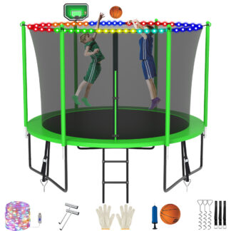 Jump Into Fun 8FT Trampoline for 2-3 Kids, 800LBS Capacity Trampolines with Enclosure, LED Light, Basketball Hoop, Wind Stakes, Heavy Duty Outdoor Anti-Rust Coating Recreational Trampoline for Gift