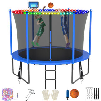 Jump Into Fun 8FT Trampoline for 2-3 Kids, 800LBS Capacity Trampolines with Enclosure, LED Light, Basketball Hoop, Wind Stakes, Heavy Duty Outdoor Anti-Rust Coating Recreational Trampoline for Gift