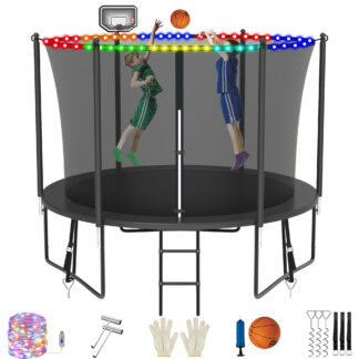 Jump Into Fun 8FT Trampoline for 2-3 Kids, 800LBS Capacity Trampolines with Enclosure, LED Light, Basketball Hoop, Wind Stakes, Heavy Duty Outdoor Anti-Rust Coating Recreational Trampoline for Gift