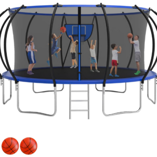 Jump Into Fun Trampoline, 10FT 12FT 14FT 16FT 1500LBS Trampoline for Adults and Kids, Trampoline with Enclosure, Basketball Hoop and 2 Balls, Outdoor Heavy Duty Pumpkin Trampoline