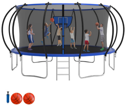 Jump Into Fun Trampoline, 10FT 12FT 14FT 16FT 1500LBS Trampoline for Adults and Kids, Trampoline with Enclosure, Basketball Hoop and 2 Balls, Outdoor Heavy Duty Pumpkin Trampoline